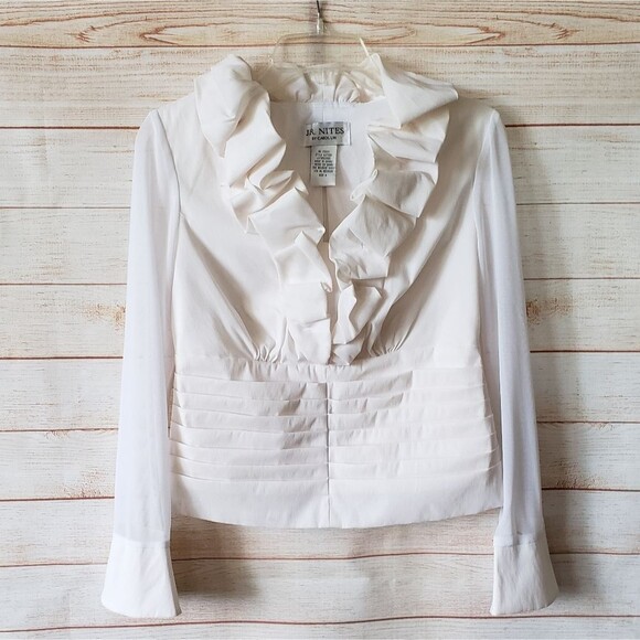 J.R Nites by Carol Lin Ruffle Neck Long Sleeve Top/Blouse Cream Size 6 - Picture 1 of 11